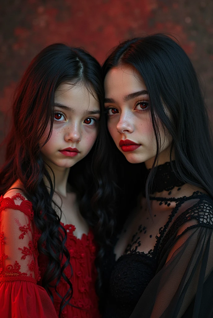 GIRLS VAMPIRE CHILDREN, RED EYES. AND LONG DARK HAIR, red background.