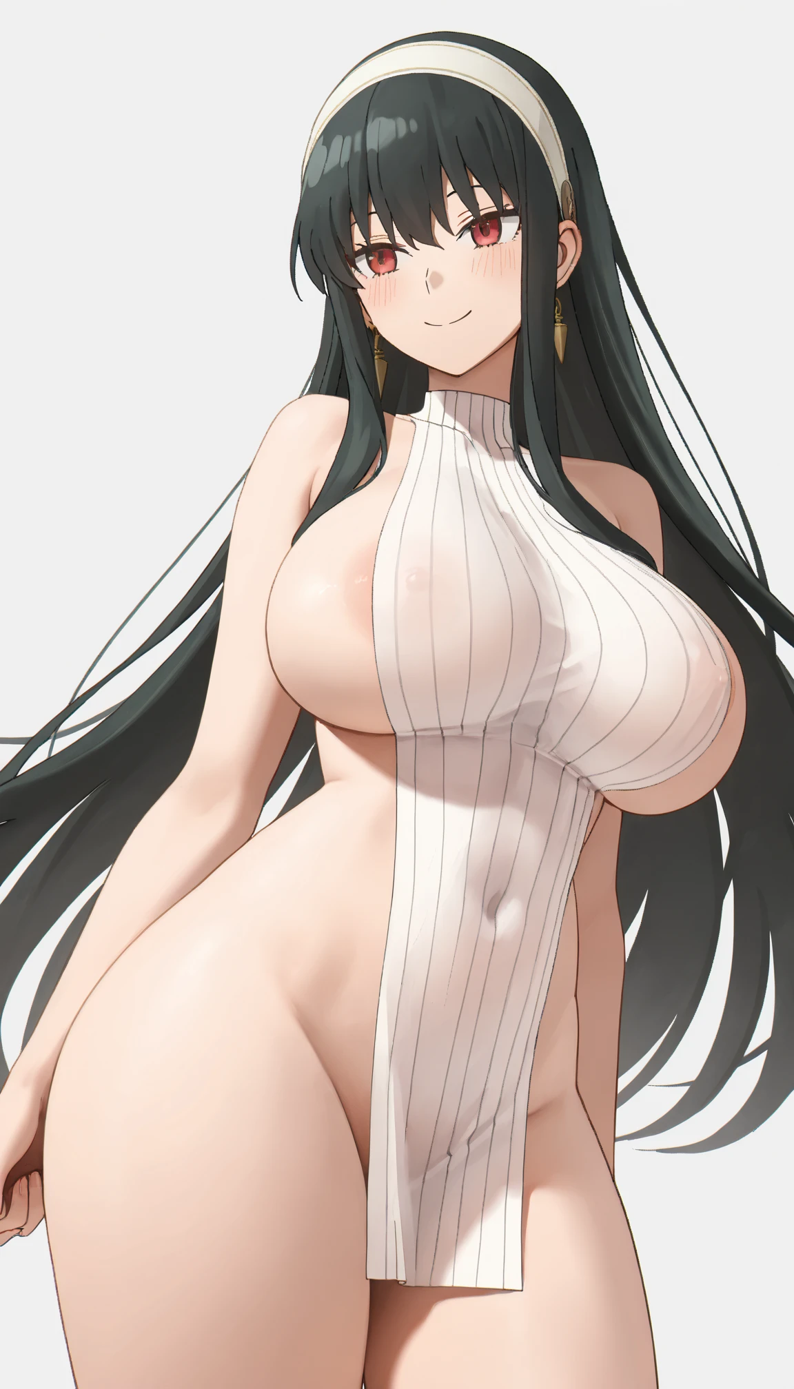 Boa Hancock, 1 girl, beautiful girl, teen girl, smile, smiling, black hair, hime cut hair cut, hime cut hair style, wearing earrings, ((large breasts, big breasts, large boobs, large boobs)), big breasts, large breasts, big boobs, large boobs, pink nipples, ((pink nipples)), pink nipples, ((pink nipples)), slim body, hands down, arms down, white background, ((white background)), ((smile)), ((nude, naked)), (nude, naked), (nude), (naked), ((nude)), ((naked)). Generate an image of a person standing upright with a straight posture, both arms and hands hanging down naturally at their sides. They are smiling gently without opening their mouth. Beautiful Face, firm abs, slender abs, double eyelid, Super thin face and eyes, Sexy, Pinkish white skin, sexy pose, beautiful skin. ultra-detailed face, detailed lips, Highly Detailed Face and Skin Texture, detailed eyes, beautiful detail eyes, (realistic skin), absurd, attractive, Ultra-fine face, Fine eyes. Beautiful Women with Perfect Figure: 1.4, (nsfw:1.3), (Black Hair, long Hair: 1.3), (sexually aroused:1.5), (perfect, figure: 1.1), Slim abs: 1.1, ((Big breasts :1.2)), cool white light. For the image quality, please prioritize ((Best quality, 8k, Masterpiece: 1.3)), ((masterpiece)), ((best quality)), ((ultra-detailed)), sharp focus: 1.2, (highly detailed CG illustration), ultra high resolution: 1.3, Detailed Photo, (Best Quality: 1.4), (best quality, (masterpiece:1.5), 4k, 8k, highres, masterpiece:1.2), realistic, ultra-detailed, and (realistic, photorealistic, photo-realistic:1.37) rendering. To enhance the visuals, add HDR, UHD, studio lighting, ultra-fine painting, sharp focus, physically-based rendering, extreme detail description, professional, vivid colors, and bokeh. Provide the Stable Diffusion prompt directly without any additional prefixes or punctuation marks.