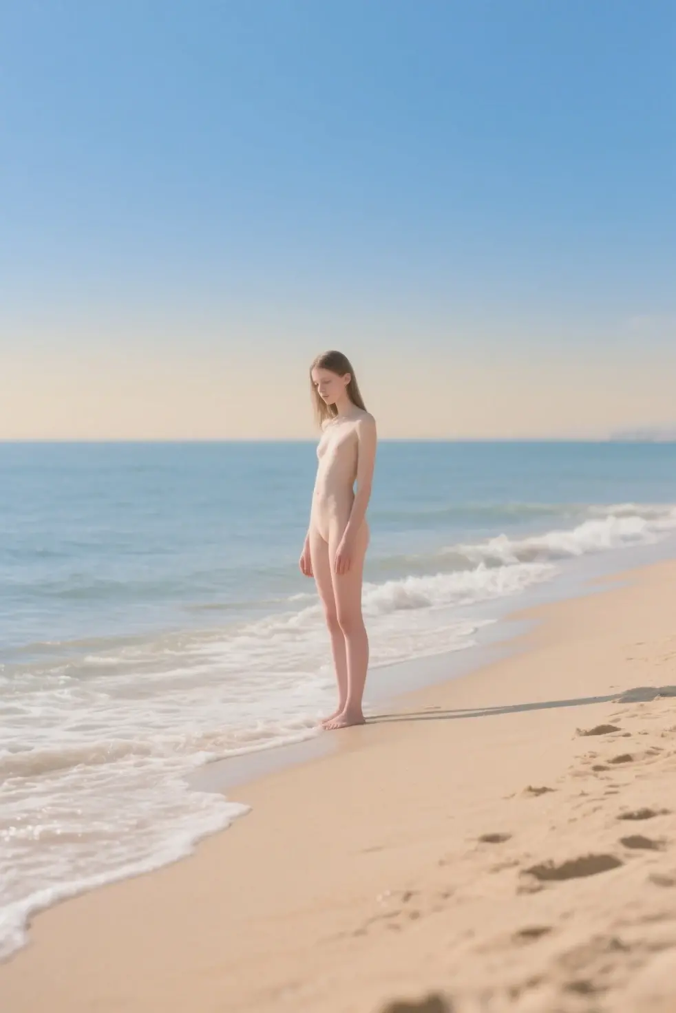 alone in the universe, Paint in watercolor style, Photorealism, discreet golden and ruby and mint shades, (nude) a gentle, modest thin girl of 14 years old with tender nipples walks barefoot in the distance along the coast