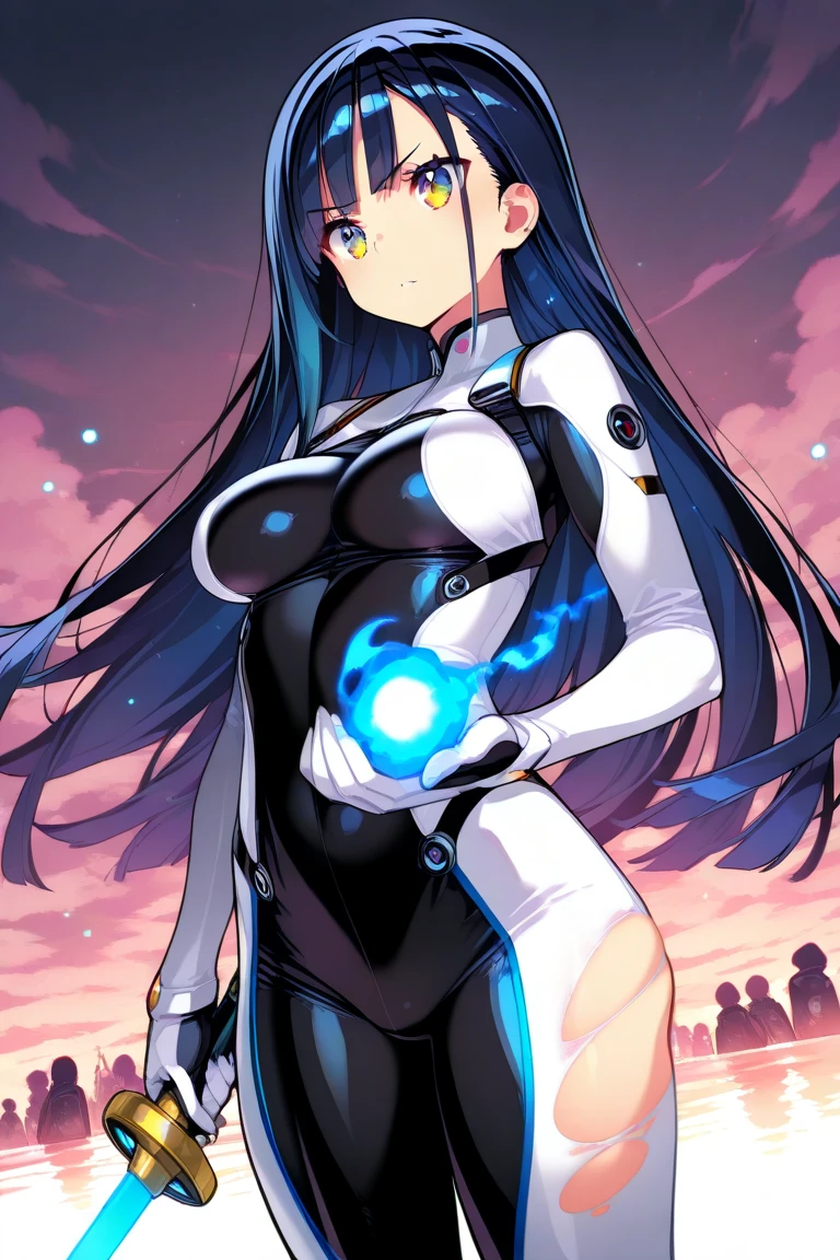 (work of art, Best quality, absurd, 4K, aesthetics, perfect eyes, perfect face, detailed, intricate, Perfect Lighting) 1 girl with fair skin, long dark hair, wears a futuristic dark blue and white bodysuit, heroine, queen of an alien race, warrior, gentle smile