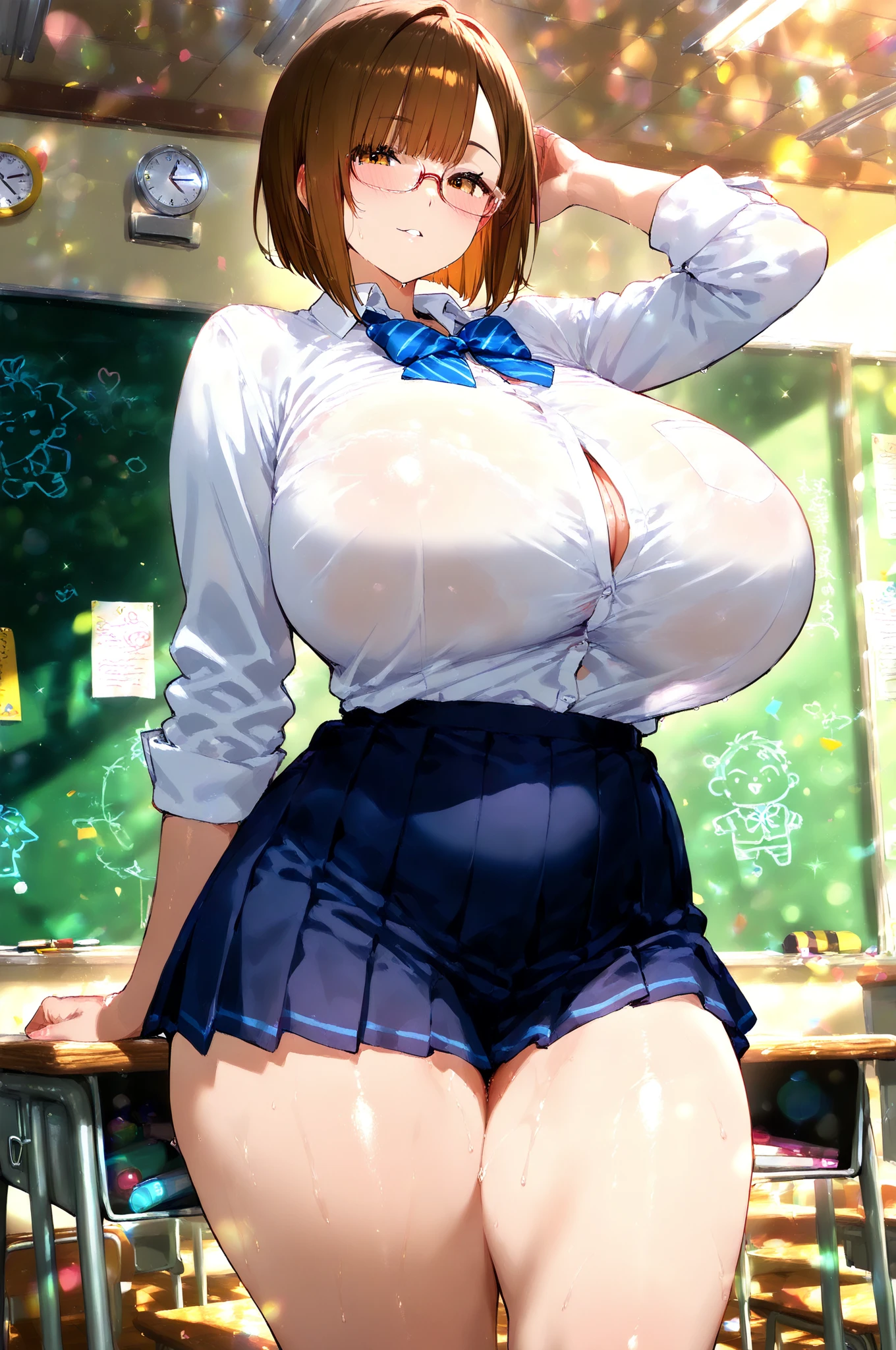 (best quality:1.4)、(High resolution)、Detailed Background、(fair face in every detail:1.4)、anatomically correct、(Draw the usual number of fingers:1.2)、(Detailed facial expressions)、fair, Smooth skin、teenage girl、(Huge breasts:1.5)、Lovely hair color、ponytail、Short cut、actual、Perfect body lines、Sitting on a chair in the classroom、highlight your breasts、Emphasize your cleavage、Show off your charming armpits、Charming big ass、Attractive thick thighs、absolute area、Charming atmosphere、excited、blush、My shirt buttons are coming off.、The buttons on my shirt are pulled too tight'About to fall off、Look at me with a shy expression、Clear short-sleeved shirt、Cowboy shooting、
(Beautiful girl in short-sleeved shirt,The shirt is so small that the buttons have fallen off,My breasts are about to burst out.:1.5)、
Choose a shorter shirt top, such as pink or mint green.、
Pair with a pleated or flared miniskirt.、
The tulle mini skirt is also Lovely.、Colored ribbons、
Wear Oxford Shoes,Make your look more perfect、Lovely,brown hair,Blue eyes,Smile