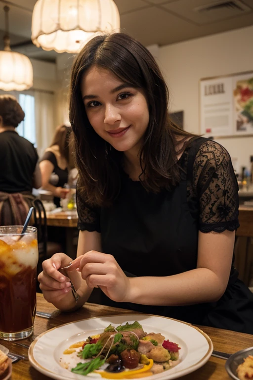 (Solo:1.3)), 1girl, Best Quality, Realistic, Photorealistic, Best Quality, Masterpiece, Very Delicate and Beautiful, Very Detailed, Fine Detail, Ultra Detail, High Definition, Very Detailed, Realistic, Ultra High Definition, Best Quality, Ultra High Definition, (Real:1.4),
woman, 23 years old, having dinner in a restaurant, wavy hair, smiling face, long black dress, realistic photo