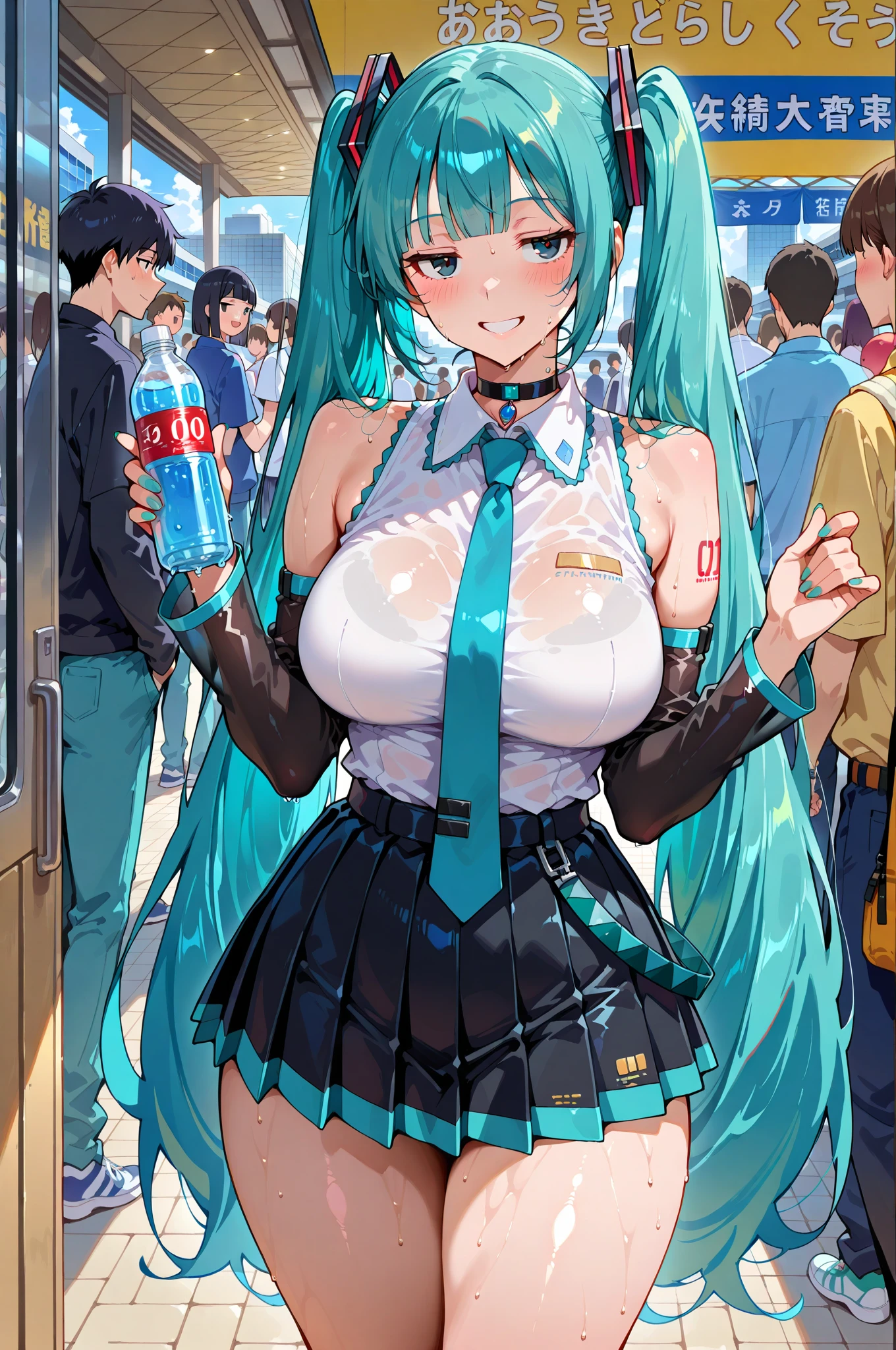 masterpiece, best quality, very aesthetic, absurdres, 1girl, embarrassed,tears_in_eyes, mature_lady,naked_shirt,in subway,In the crowd,hatsune_miku, vocaloid, very_long_hair, twintails, number_tattoo,aqua_eyes, aqua_hair,,glowing stardust frontground,fantasy,sparkling,fireflies,