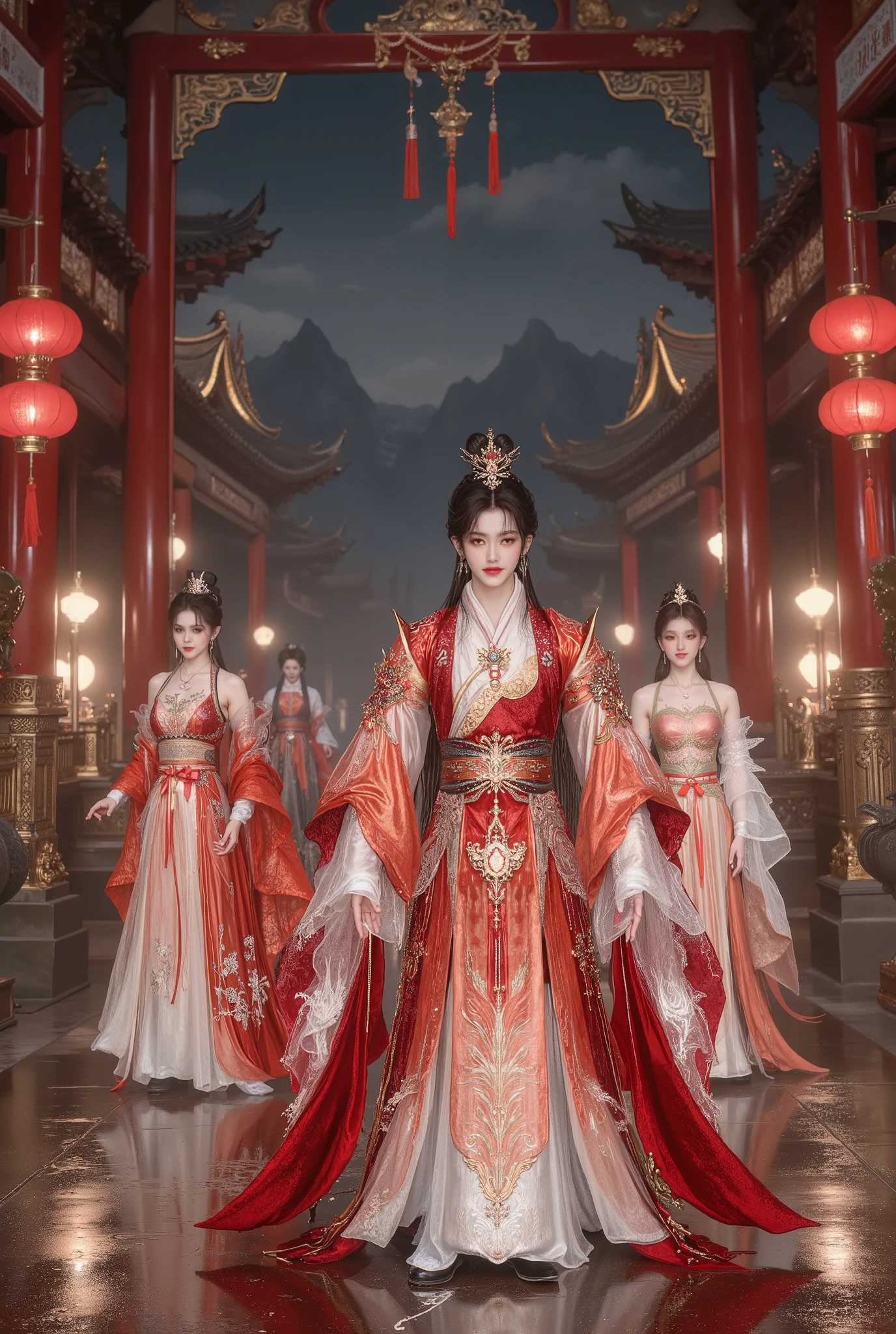 The festive atmosphere of the ancient Chinese dynasty in a large luxurious palace with Hong Te, Hong Hao and servants dressed in ancient Chinese costumes. The atmosphere is at night, illuminated by the light of lanterns.