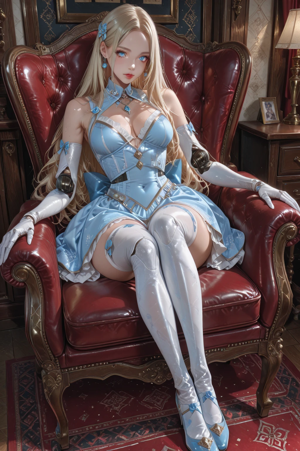 Light blue and red color scheme, nipple,little body,Petite,White curly hair, high detail, best quality, supper detail, detail eyes, pink pussy , sleeping
