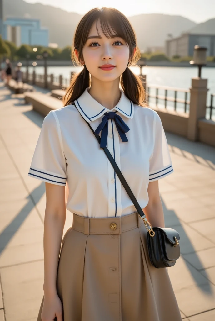 (masterpiece:1.2, highest quality), (Realistic, photoRealistic:1.4), beautiful photo, (Natural Side Lighting, Cinema Lighting), Browsing Caution:1.2, 
Beautiful Hair, Beautiful Face, Beautiful details, Beautiful clavicle, Beautiful body, Beautiful breasts, Beautiful thighs, Beautiful legs, Beautiful Hands, 
View your audience, (), whole body, 1 girl, Japanese, high school girl, Perfect Face, Perfect Eyes, Cute and symmetrical face, Sunburn, Shiny skin, White skin, thin, 
(Long Hair:1.5, Side Ponytail:1.4, Brown Hair), Hair in one eye:1.4, Chestnut brown eyes, Long eyelashes, (Mid-chest), 
((Collared short-sleeved shirt, White shirt, , Grey plaid pleated skirt, Blue checked bow tie), Wrist Chakra), White , 
((( over clothes, Place your arms behind your back)), , :1.5, Arms tied, Bound breasts),
(Beautiful views), Daytime, (Are standing), (Cute Smile, Upward glance),、Great tit、Earrings、necklace、bracelet、Caster wheels、Round 1、plump、Super big boobs、Ahoge、Last、Cleavage,Mole on chest、conversion、Strange Eyes、plump、Super big 、Super big ass、Tortoiseshell binding