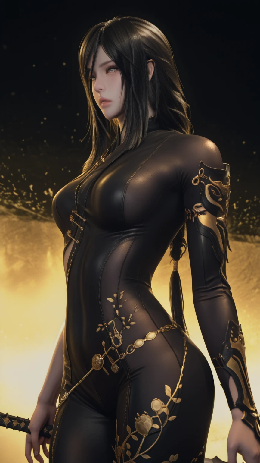 beautiful woman, yandere, hair over one eye, amorous and lewd face, sly, smirking, loud laughter, sadistic, dead eyes, bags under the eyes, makeup, covered in tattoos, shorts, heavy engineer boots, great proportion, gold thread, shiny black rubber, whip, background obscene space, shading effects, gradation magic effects, foggy filter effects, glitter effects, (ultra detailed, absolutely resolution, best quality:1.3), 2.5D, delicate and dynamic, artistic photography, hyper realistic, graphic CG digital art