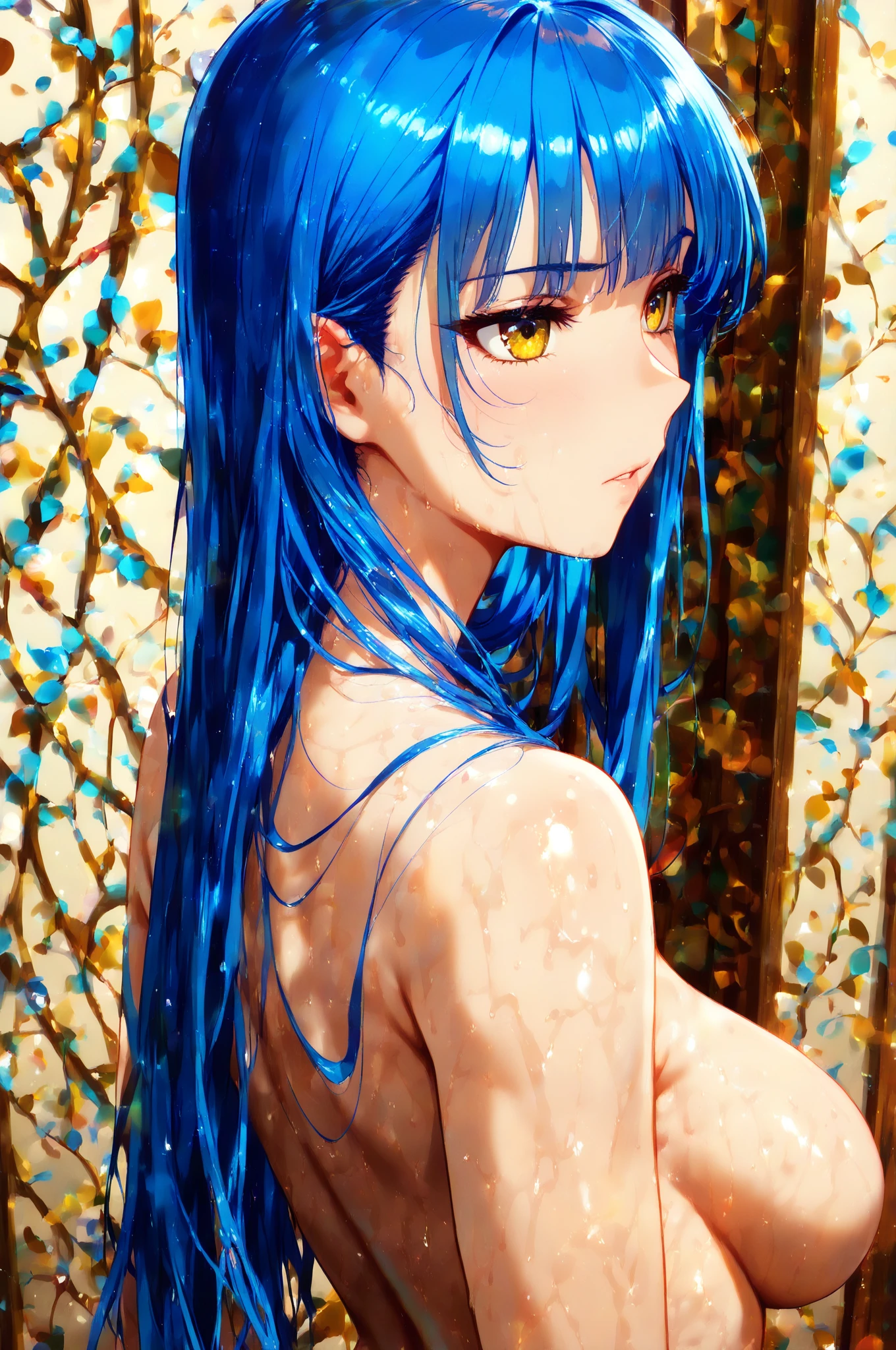Completely naked,alone,20-year-old,Beautiful Face,whole body,Hair on one eye,Medium Sidecut, Blue Hair, Sharp focus,Blue revealing clothing