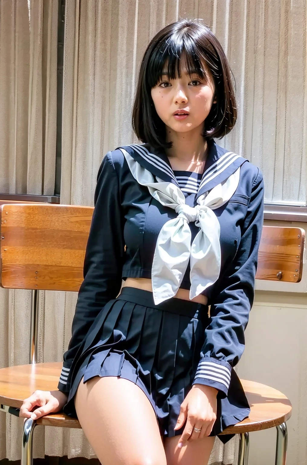 ((8k、High resolution、highest quality、High resolution)))alone、Natural body shape、White skin、Natural Makeup、((Black Hair、bangs、Straight Long Hair))、((日本のSailor suit))(school uniform 、Sailor suit、Navy blue pleated skirt、red school ribbon)、、(Big Breasts:1.3)、((The upper body is wearing a uniform))、(((((Looking at the camera)))))、(((Head to shin portrait)))、(((Exposing your thighs)))、Bedroom、On the bed、sit、((Focus on the crotch))、White socks