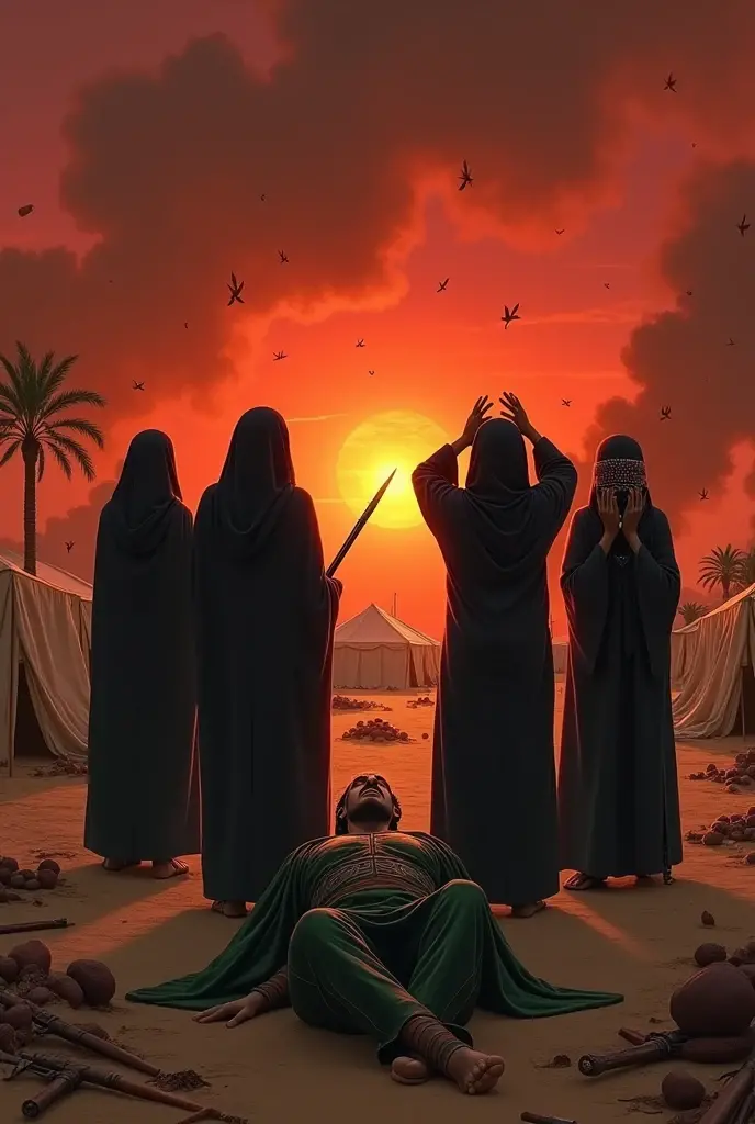 Sun set, blood sky, burning tents, burning date trees, 5 women crying which wear Proper black hijab who stand outside the tents ber hands on head, a bloody ground, javelin, sword, Arrow everywhere on ground, Arrows from sky, fire woods, a army which wear read hijabs and going towards burning tents, a men which wear Proper green hijab and battle dress which falling on ground and a javeli inside his chest
