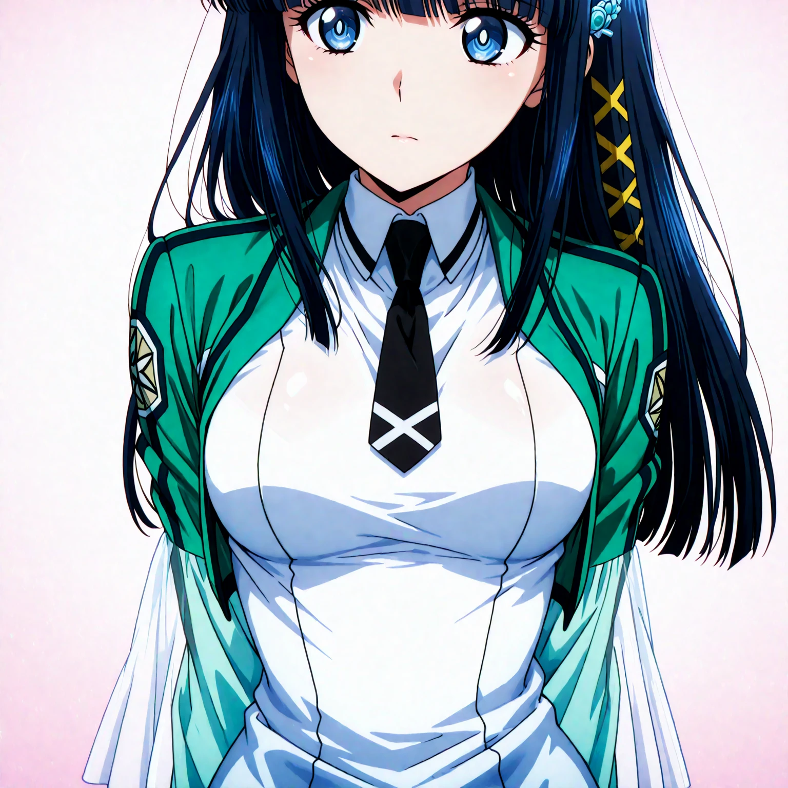 alone, One girl, View Viewer, 2D, anime, anime coloring, Upper Body, (White background:1.3), Miyuki Shiba, , Jacket, tie, View Viewer, Masturbation，orgasm，Masturbation，Love juice，Climax，(( 指で膣を触ってMasturbationする))，Pussy juice,chest,Fingering,Wet Panties,Pussy juice stain,Put your hands in your panties,Squirting、Squirting、Squirting、