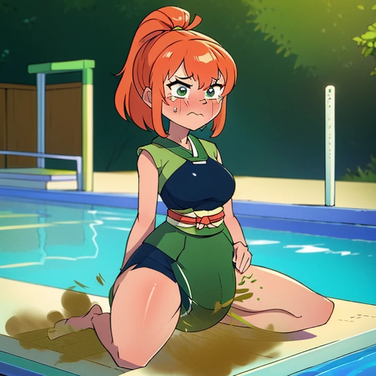 score_10, score_9, score_8_up, score_7_up, BREAK, source_anime, anime screencap, anime coloring, shinobu miyake, bangs, purple hair, green eyes, undersized navy school swimsuit, nipple cutout, pussy cutout, hands on hips, standing, Wetting Self, pee, milk stain, standing, hands on hip, angry, trembling effect, full-face blush, embarrassed, teeth, looking at viewer, cowboy shot, sagging huge_breasts, long erect nipples, dirty dark large areola, Underarm sweat, black underarm hair damp with sweat, natural (black) curly armpit hair, skinny, slender legs, Unshaven Pubic Hair, school pool