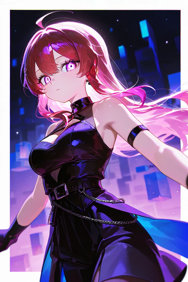 Una mujer con un traje negro sentada en una roca con cabello naranja, seductora chica de anime, Hecho con Anime Painter Studio, Chica de anime cyberpunk, Chica glitchpunk, Chica anime, Anime Moe Artstyle, Arte detallado de alta calidad 8K, Anime estilo 3D, Chica de anime Gothic Maiden, Anime style. 8k, Chica anime con un vestido negro, Oppai cyberpunk,ojos azules,ojos azules hermosos