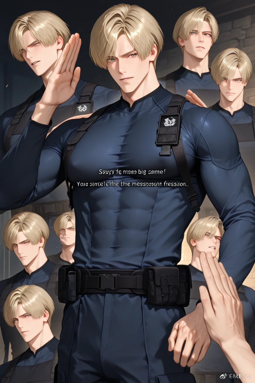 A handsome, large, muscular man with blond hair and blond eyes, a star, was being hugged by another handsome, thin figure with black hair, black eyes, and a suit covered in blood.