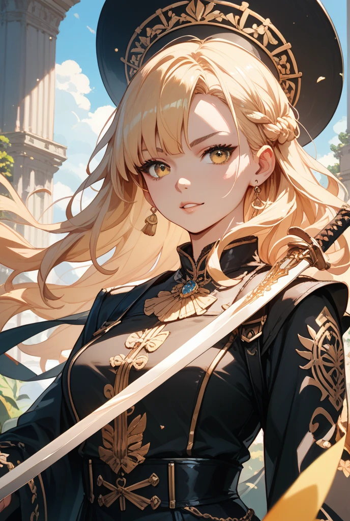 A strikingly alluring female warrior with flowing blonde hair, piercing brown eyes, and a sleek black eye patch covering her right eye, clad in intricately detailed camouflage military attire. This vibrant character portrait exudes a sense of strength and mystery, captured in a hyper-realistic digital painting. The intricate details of her outfit, from the intricate patterns of the camouflage to the subtle shading of her eye patch, are rendered with impeccable precision. The overall composition is dynamic and engaging, drawing the viewer in with its captivating depiction of a fierce and enigmatic warrior.