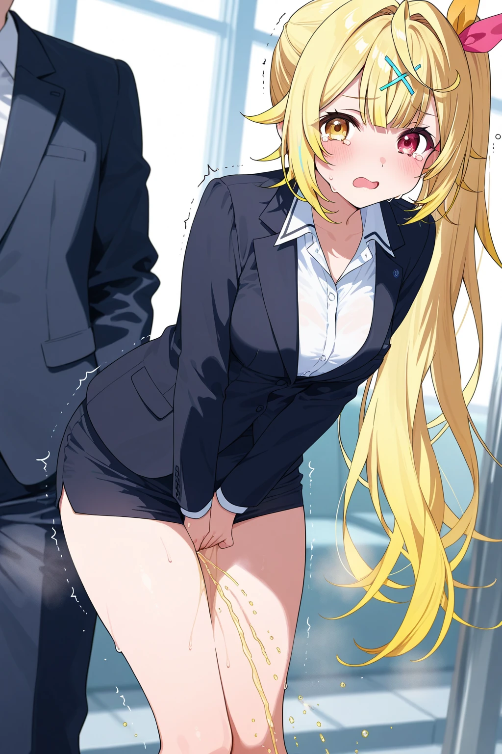 Osaka Station ticket gates、A man in a suit groping the breasts and buttocks of a cute 、A white shirt that fits her no-bra 、Blue and white striped skirt、Her skirt flips up to reveal her cute white underwear、Lift up the skirt、Bare legs and leather shoes、
