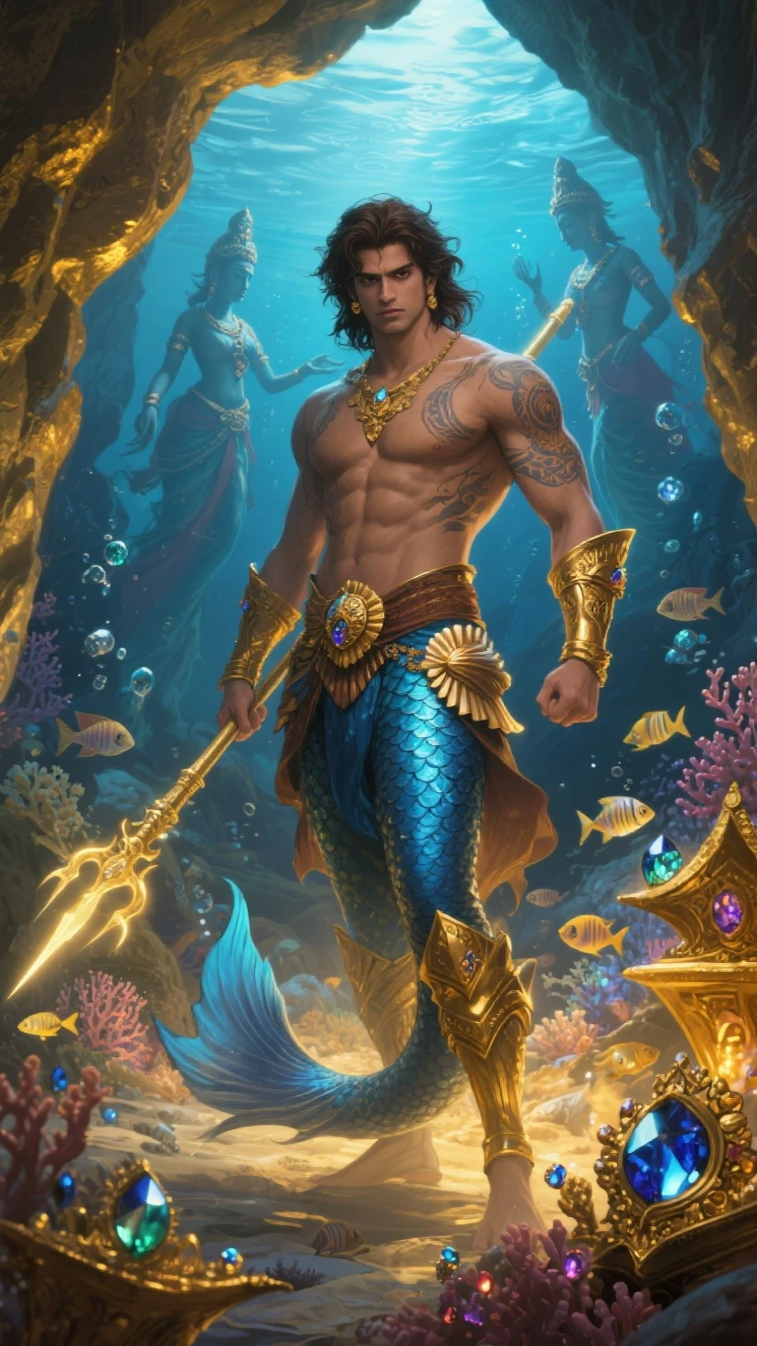(best quality, masterpiece, epic, absurdres, detailed), shallow dof, soft bokeh, a handsome male, dark skin, king, crown, dreadlocks, broad shoulders, mermaid, colorful tail, sitting on rock water, colorful fins,