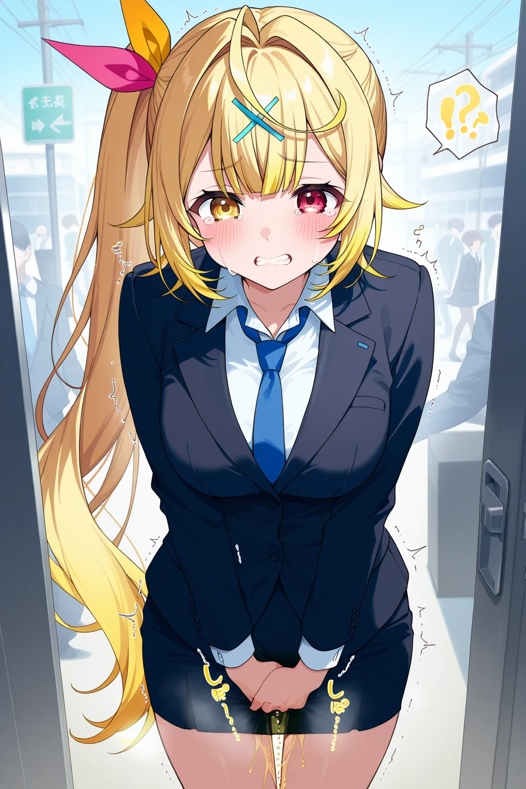 NSFW,1 girl,darkness、(Yellow Hair:1.5)、Long Hair、(Red Eye:1.5)、(hair ornaments:1.2)、Two Side Up、No sleeve、uniform、shirt、白いshirt、ribbon、(緑のribbon:1.5)、skirt、(緑のskirt:1.2)、プリーツskirt、ショートskirt、sweater、(薄茶色のsweaterベスト:1.5)、Short sleeve、(Perfect hands),(Perfect Anatomy),(masterpiece),(highest quality),Embarrassed,blush,Inside the train,(Molester:2.0),1 middle-aged male,Man standing behind