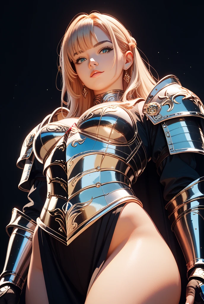 Blonde haired woman with braids, (Armadura nordica decotada dourada). Golden armor with glossy chrome black with sharp reflections. Pedras preciosas. ombros nus. (tiara). Low muscle definition. Pernas lindas. Ombros nus visiveis. Detailed lighting. artistic work. Beleza extrema. Roupa com efeito de gradiente colorido intenso. Professional image with high saturation. Camera profissional. illustration. cores vibrantes. olhos amarelos vibrantes, manto, capa de pelo, olhos dourados brilhantes, simetria, olhar intenso, detalhes pretos nas roupas, aura dourada, fogo