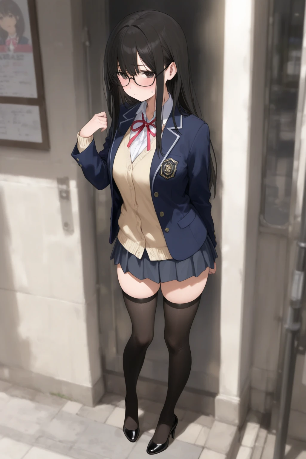 (Masterpiece:1.2), (high quality), (pixiv:1.4), (anime:1.4), panties, loose socks, black hair, buttocks, blue skirt, solo, blazer type, loose socks, lifting clothes, brown eyes, pure gaze, miniskirt, herself lift, plaid skirt, blush,((medium breasts)), (heart-shaped pupils),(side ponytail), (a lot of sweat), Long hair, Physical education sitting, beauty legs, ((school emergency stairs
))