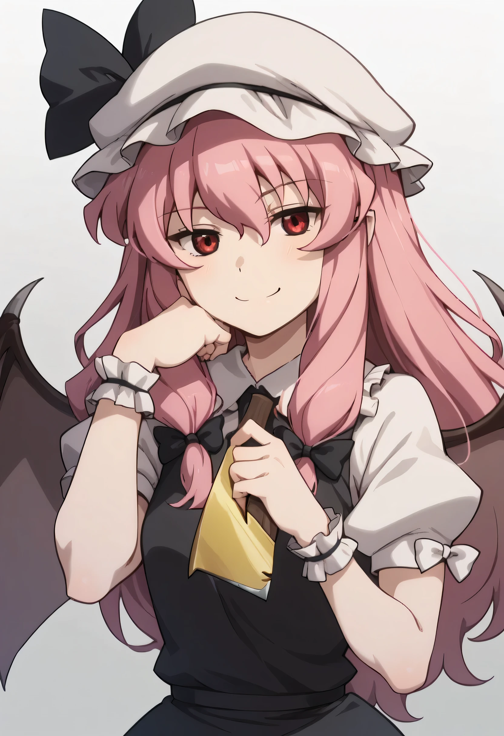 score_9,score_8_up,score_7_up,anime coloring,ai shindou,hat,red eyes,pink hair,black outfit, head rest,1girl,long hair,parody,solo,wings,wrist cuffs,mob cap,hat ribbon,ribbon,style parody,bat wings,multiple girls,bow,smile,closed mouth,holding ice axe,holding in hand