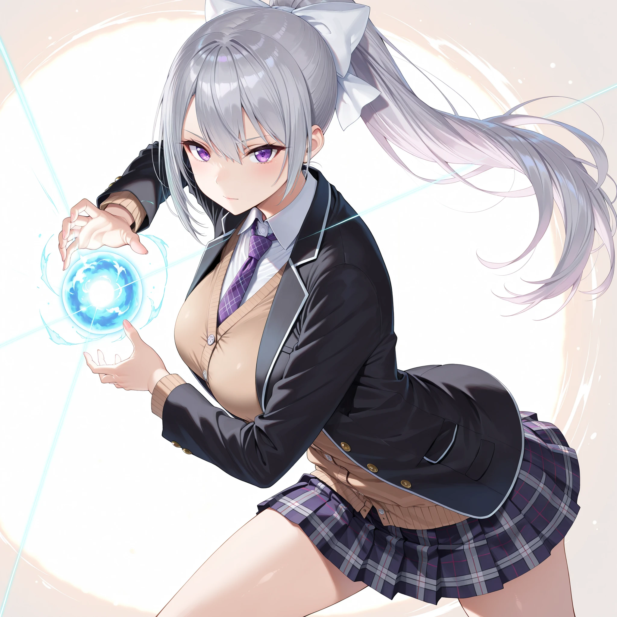 solo,masterpiece,best quality,super fine illustration、finely detail 、clear picture、UHD、HDR, amazing quality, highres, absurdres, very aesthetic, high resolution, ultra detailed, perfect details,nijikaede,purple eye,grey hair,long eyelashes,long hair,ponytail,white bow,hair pin,nijikaedecos,white shirt,purple necktie,plaid necktie,brown cardigan,button cardigan,blazer jacket,black jacket,open jacket,miniskirt,pleated skirt,plaid skirt,tsurime,medium breasts,look at viewer,mature female, (masterpiece, detailed:1.2),kamehameha, energy ball, aura