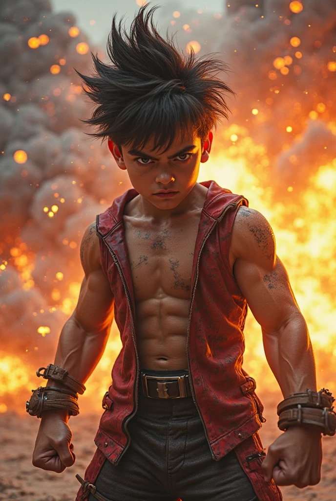 Teenage boy with Logan style hair in fighting pose with metal claws coming out of his fist