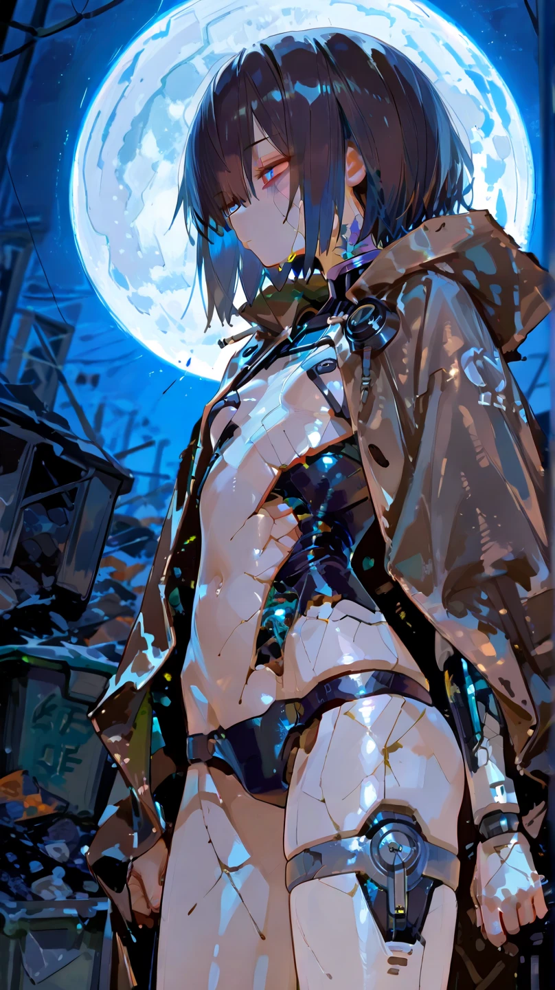  masterpiece, 最High Quality, High Quality, very aesthetic, Newest, Detailed Scenery, Rich lighting, depth of field,Cyber JK、Machine Girl、solo ,(( broken cyborg girl )) ,tattered brown cloak、A tattered cybersuit、((Cracked Body))、short hair, dark haired、blue eyes、narrow eyes、flat chest、Pointy Chest、short stack,Mechanical prosthesis、right hand is missing、profile、No expression、( cracked face)、((There is no light in the right eye))、thighs are flesh-colored artificial muscles、((trying to stand up))、viewers watching from below、garbage dump background、( TRASH PILE )、Pile of scrapped cars 、Junk、Machine trash、(( full moon))、