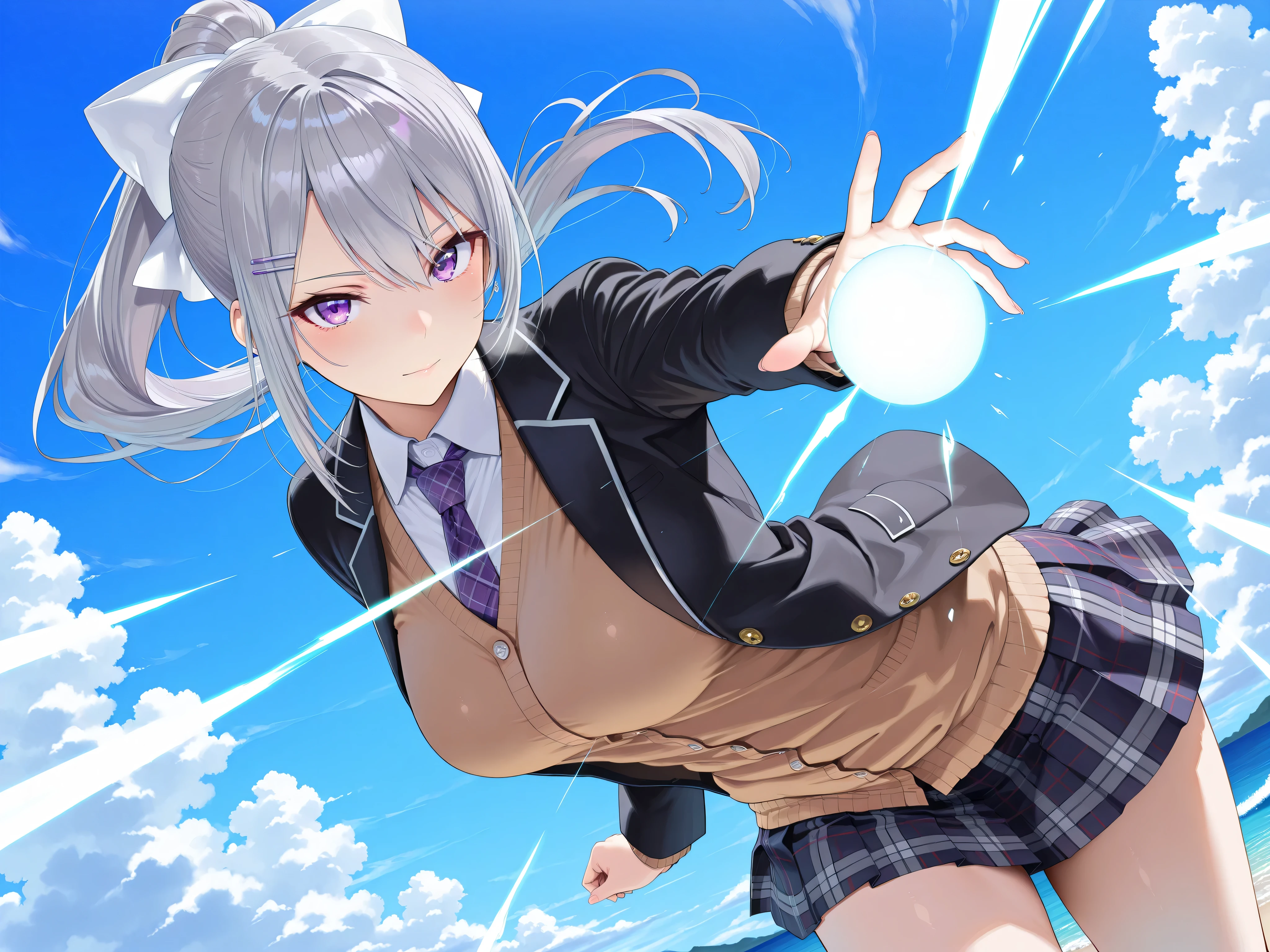 solo,masterpiece,best quality,super fine illustration、finely detail 、clear picture、UHD、HDR, amazing quality, highres, absurdres, very aesthetic, high resolution, ultra detailed, perfect details,nijikaede,purple eye,grey hair,long eyelashes,long hair,ponytail,white bow,hair pin,nijikaedecos,white shirt,purple necktie,plaid necktie,brown cardigan,button cardigan,blazer jacket,black jacket,open jacket,miniskirt,pleated skirt,plaid skirt,tsurime,medium breasts,look at viewer,mature female, (masterpiece, detailed:1.2),kamehameha, energy ball, aura