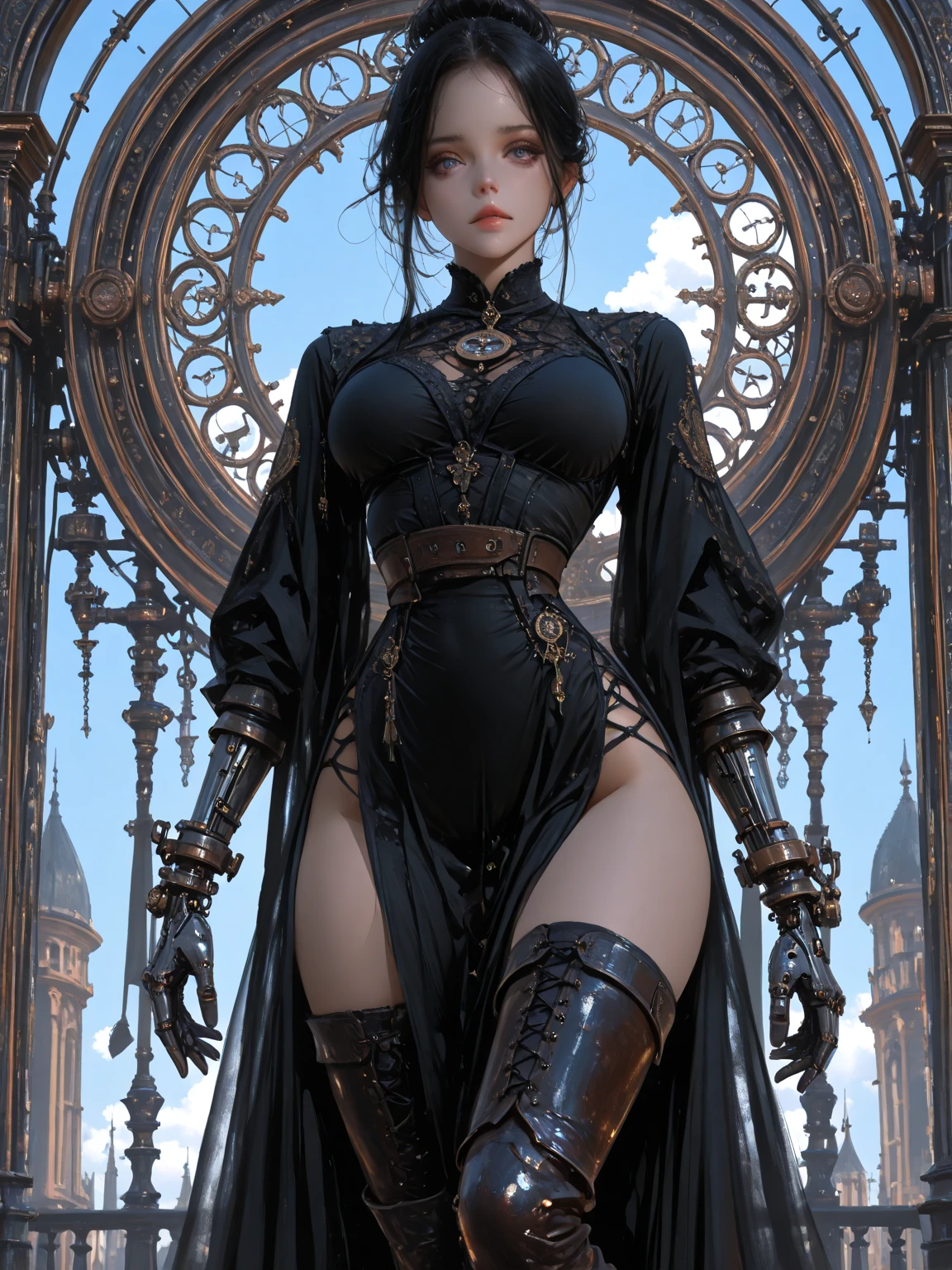 (best quality,4k,8k,highres,masterpiece:1.2) dark elf, dominatrix, pale white skin, black hair, strict huge bun hair, scraped back hair, thong, body harness, cinched corset waist, fantasy, city, medieval, rainfall, leather harness