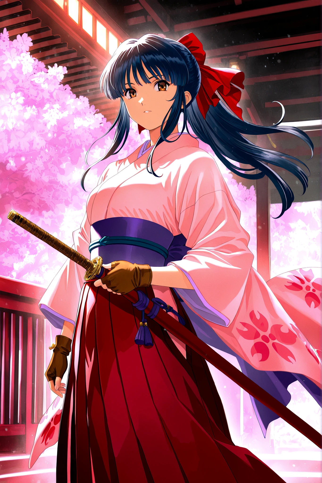 shinguuji_sakura,sakura_taisen,red_ribbon,pink floral_print_kimono,red hakama_skirt,Purple obi,brown fingerless_gloves,holding_sheathed,cinematic lighting,masterpiece,best quality,very aesthetic, absurdres,newest,highres, ultra detailed,solo,1girl,