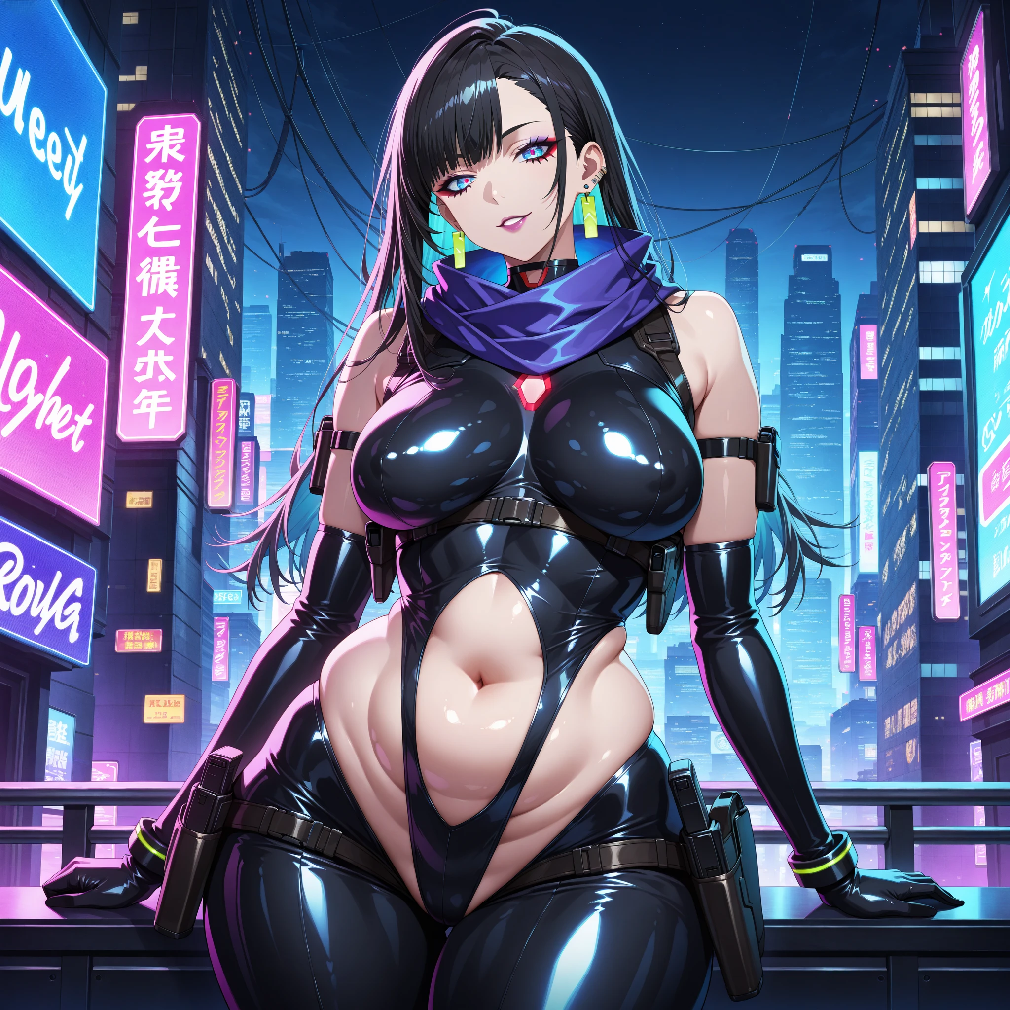 absurdres, [perfect shadows and lighting], detailed background, incredible high-key lighting, masterpiece, high quality, detailed, extremely detailed, ambient soft lighting, 4K, 1girl, glowing, glowing eyes, hair between eyes, huge breasts, lips, long hair, looking at viewer, navel, parted lips, plump, purple eyes, solo, big breasts, arms at sides, (purple theme), Tokyo Nights: A Synthwave Mix for a Retro-Futuristic Experience
