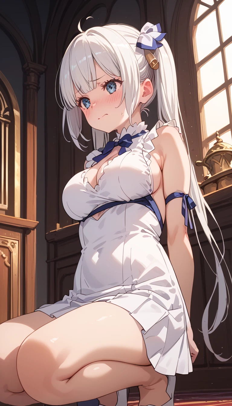 {{{masterpiece}}}, {{{nsfw}}}, {{{good anatomy}}}, {{{best quality}}}, white hair, after sex, smug, short white hair, Maid dress, lewd expression, cum in pussy, big breasts, female , heart eyes, naked, dripping pussy, sweaty, different POVs, satisfied, wolf ears, wolf tail, BDSM, collar