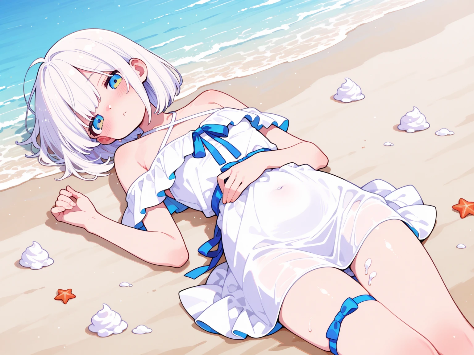 (supreme、top-quality、Top resolution:2.0)、in 8K、((kawaii))、(((Bikini with white ruffles)))、(((Colossal tits)))、独奏、1人、beach side、((25-years old))、adult lady、flaxen hair、Long、A sexy、Ashamed、be shy、flaxen hair、Light blue hoodie