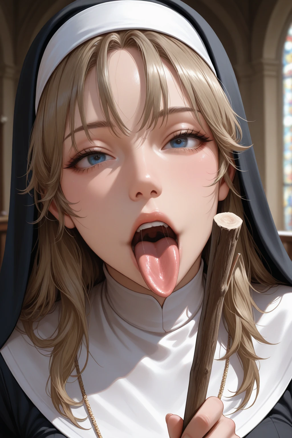 aasister, long hair, nun, habit, white capelet, neck ribbon, (black dress:1.2), long sleeves, white gloves, full-length zipper,huge breasts,expressionless,(fellatio,cum on face:1.5),(((spoken heart)))