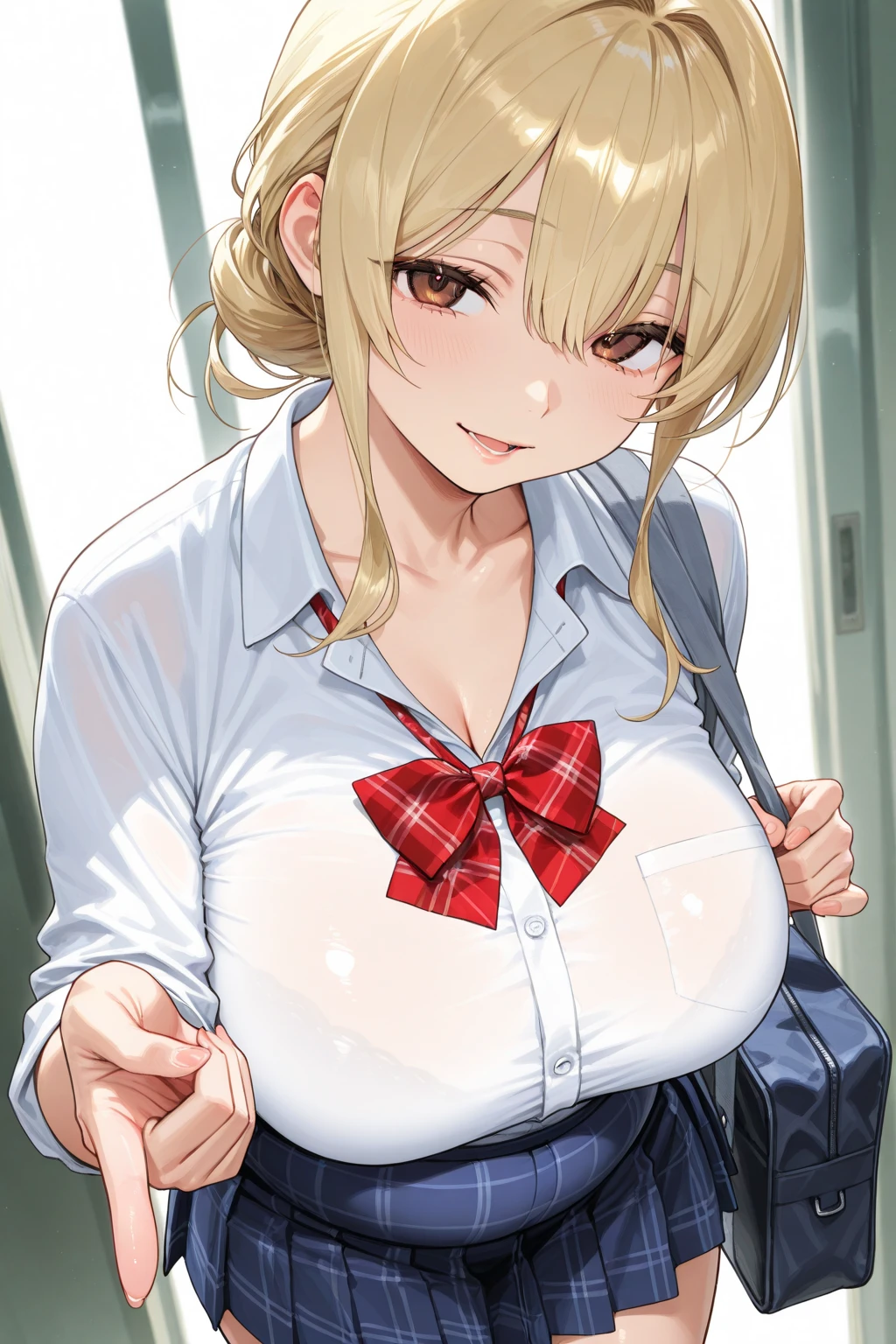 (Masterpiece、Highest quality、Very detailed、4K)、One Woman、17 years old、Big Breasts、suspenders、stand、((Confident々))、smile