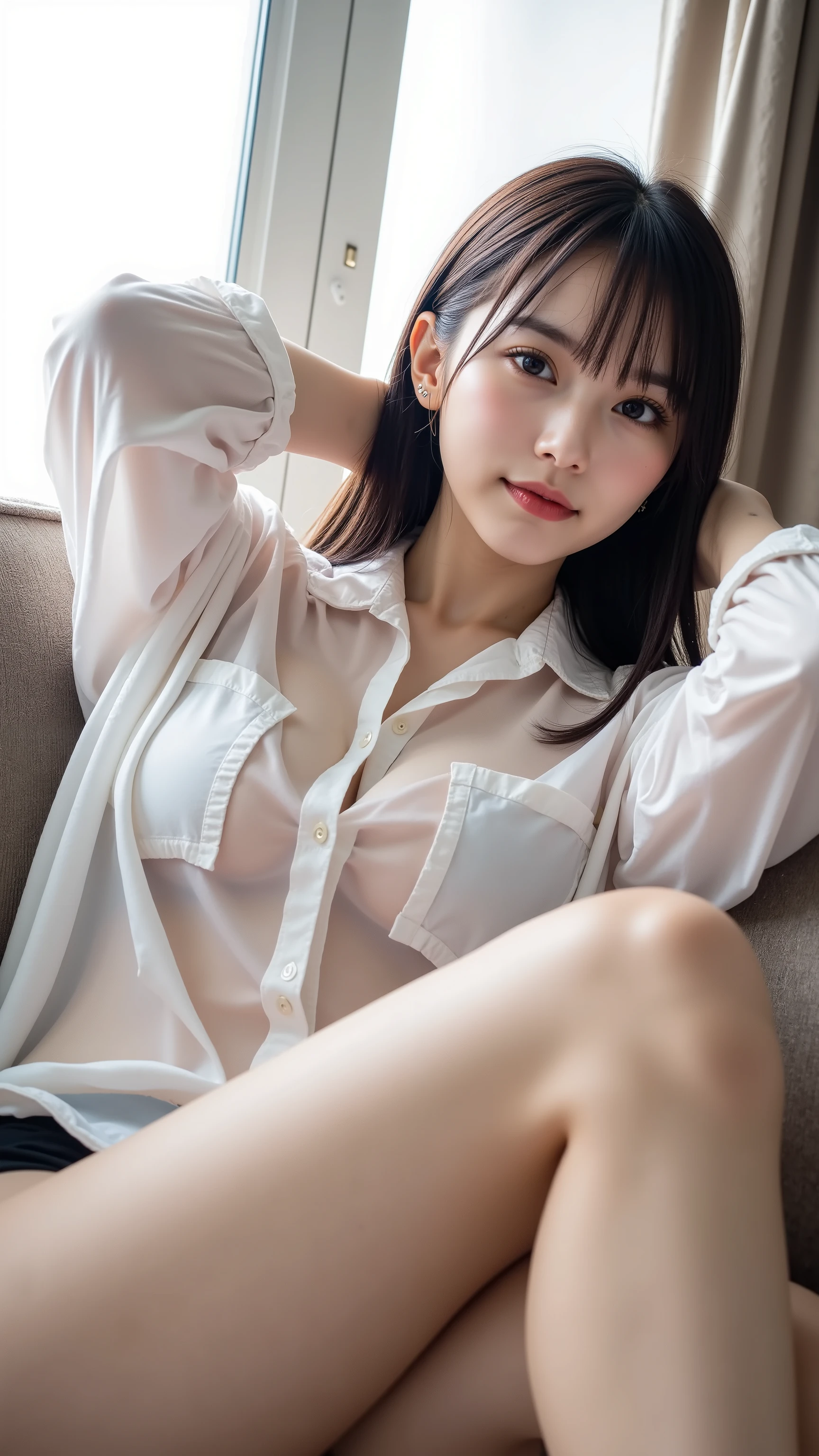 OL, office lady, Businesswoman, career woman, (Lie on your back on the bed:1.3), (Hold one arm over your chest:1.3), Open your eyes:1.3、カメラをSideways glanceで見る:1.1、(Wearing a white business shirt:1.5) Taking a break in a black pencil skirt, High heels, Luxury Bedroom, (Lie on your back:1.2), On the bed, Bend your knees:1.2、(blush:1.3), shy:1.3, (Strong embarrassment:1.3), (Wide Shot:1.5), whole body, (Perfect hands足:1.5), Perfect Arms:1.6, Perfect hands:1.6, Perfect Legs:1.5, Thin legs、Beautiful feet、Shot from directly above:1.2 Break shot from above:1.3, Sideways glance, Tilt your head, View your viewers, whole body, (masterpiece:1.3, Very detailed:1.3), (Professional portrait, Realistic and perfectly shaped subjects:1.3), (masterpiece, highest quality:1.2), (Realistic, Ultra-realistic, Realistic:1.3), RAW Photos:1.3, Ultra-high resolution, Intricate details, Super detailed, (unity 8k wallpaper:1.3), Clear image, Professional Lighting BREAK 1 Japanese Girl, 18-year-old, (cute, cute), Perfect Anatomy:1.3,  Correct limbs:1.3, Beautiful and delicate face down to the last detail:1.2, (Beautiful and delicate eye and eye highlights:1.3), Captivating eyes, Beautifully detailed blown marks, Detailed painted face:1.2, light makeup, Lip gloss:1.1, Stylish face, Shiny skin:1.2, Realistic skin detail,:1.3, (Brown Hair:1.2), Very short hair break

