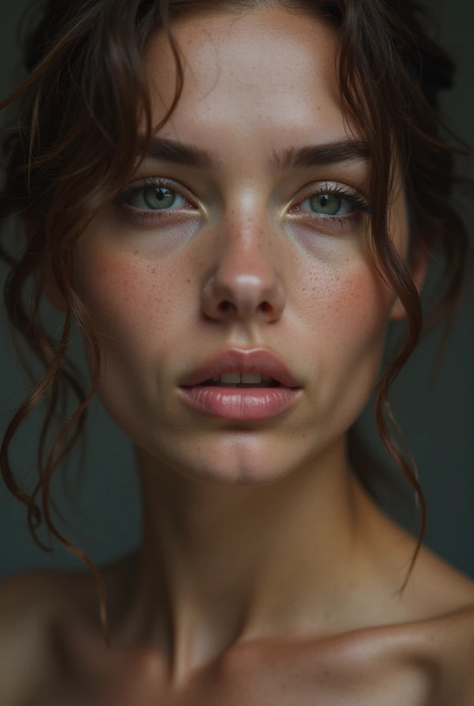 Woman too beautiful, beautiful eyes with long eyelashes, nose a little round, colombian, white skin with freckles, tender and innocent face, round cheeks