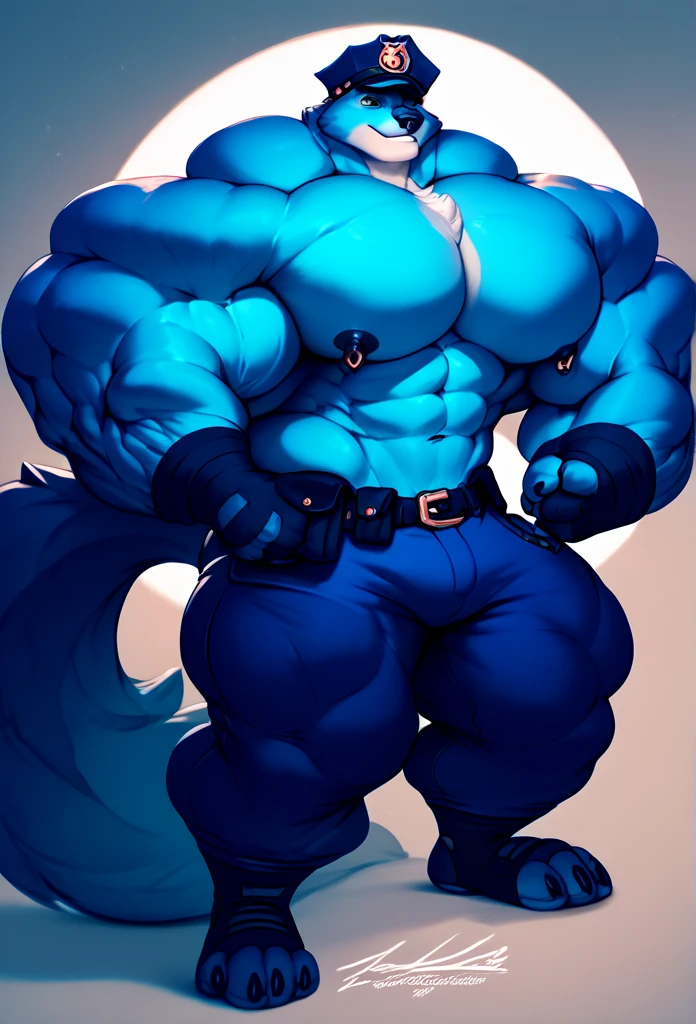 furry growth, big Bulge, smiling, hyper growth, hyper muscles, a cat, blue, cute cat, shirtless, white shorts, muscular, on a gray background lying on the floor