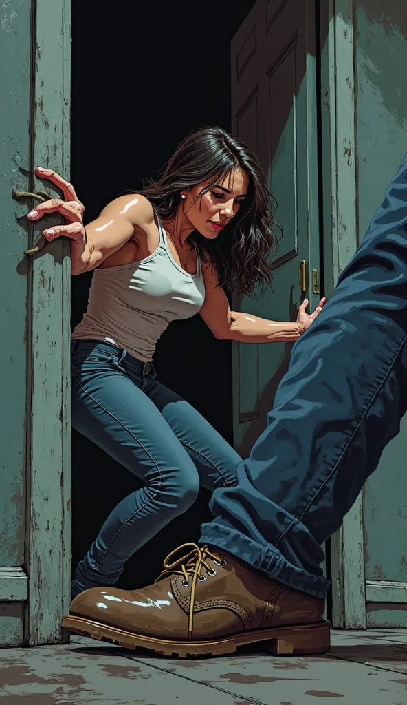 1 man 1 girl Manga comic (sensual brunette girl Straight loose hair, blue eyes wet white t-shirt, black tabled skirt In a sensual pose, she teach self defense knee with a woden dummy) (man with big bulge groin being squeezed) (bigboob big ass) (wet t-shirt) (highly detailed) (concept art) (manga) (anime) (draw) (face anime detailed) (comics)