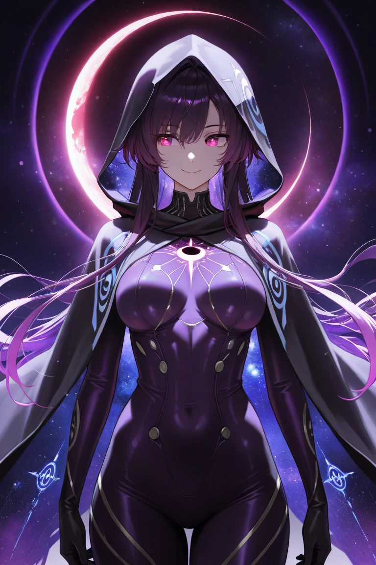 Athena，Purple one-way slightly messy long hair，Purple Eyes，Purple jumpsuit，But the one-piece dress is very sexy and revealing，barefoot，A black hole in the universe，Purple and black black hole