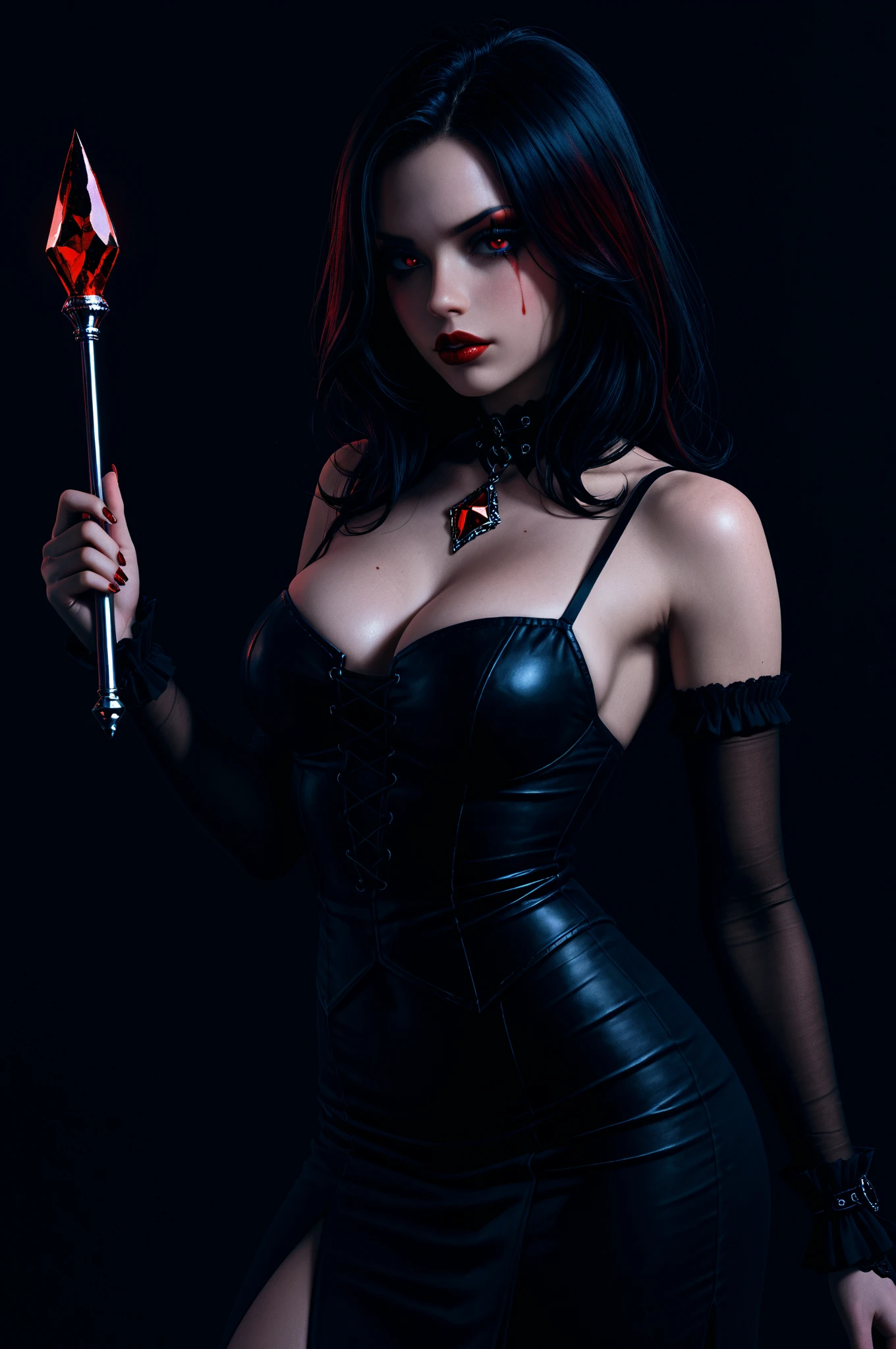 fantasy art deco (art deco: 1.5) A (black and white: 1.5) glamours (vampire: 1.5) model shot, RAW, award winning, of an exquisite beautiful 1solo female vampire, ultra feminine, full body, busty woman, most beautiful face ultra detailed face, long hair, wavy hair, pale skin, glowing (red: 1.3) eyes, wearing (purple: 1.5) silk intricate glamour dress corset , , studded with (black opals: 1.3) wearing intricate high heels, lying in bed, light make up, modern day high society bedroom background, (black and white filter: 1.4), (anatomically correct: 1.4), 1960s photoshoot style, picture taken from dynamic range, vibrant, Ultra-high resolution, High Contrast, (masterpiece:1.5), highest quality, Best aesthetics), best details, best quality, highres, ultra wide angle, 16k, [ultra detailed], masterpiece, best quality, (extremely detailed), Intense Gaze, RedGlitter, dark novel, Blood_Covered, goth person