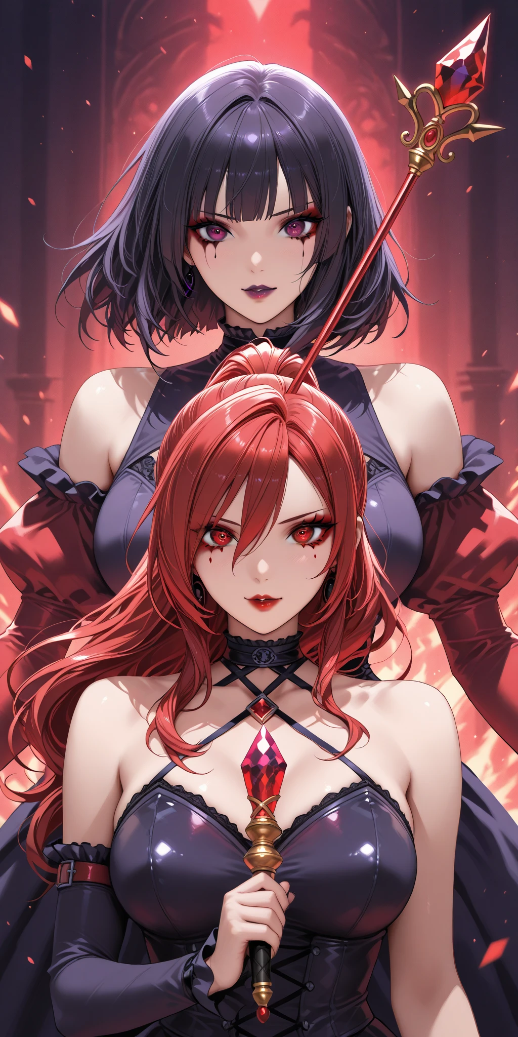 A red haired woman with red eyes is cupping the face of a black haired woman with brown eyes in nice dresses