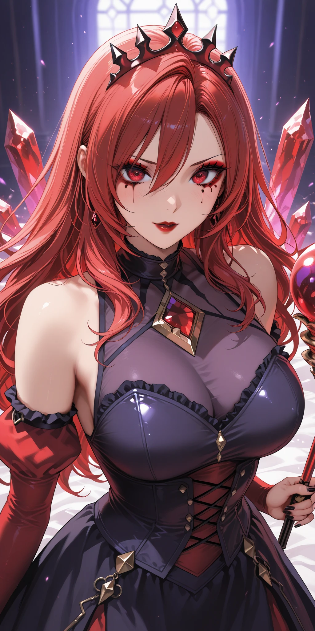 a red-haired fairy, long  curly hair, tattoo of a half moon on the chest, big-ass