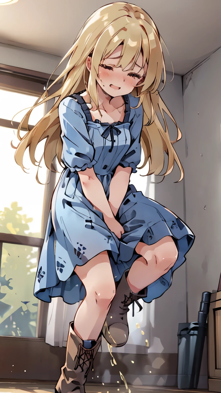 (SIGMA 200 mm F/1.8, 1/100 sec shutter, award-winning photo), (beautiful medium breasts, shiny skin), (have to pee), (Disheveled hair), (Holding pee impatience expression), (Feel resignation in deep panting), (She needs to pee sooo badly), (She is locked in a Simple Room), (Full face blush), (Squinting), (Constricted Pupils:1.1), (Impatience:1.1), (Flustered), (Her whole frame restless floundered wriggles and pee dance), Legs fidget standing on one tiptoes, Arms stiff, Her whole posture unnaturally wrigglest, She stood like someone trying not to break under pressure, (She slides up skirt rubbing frantically herself crotch), (wearing long Dress, Ankle boots:1.3), (8K, ultra-detailed, best quality, ultra-detailed face, anatomically perfect figure), (extremely detailed beautiful curvy body woman), (Dutch angle:1.1), nsfw,