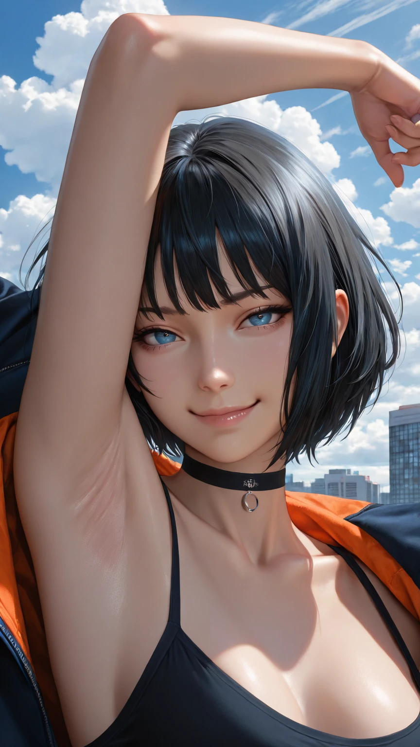 Highest quality、Realistic、woman、zoom、Orange eyes、Very short black hair、White nano bikini、thin、Large Breasts、Sunburn。Dark Skin、、White Long Gloves、White long boots