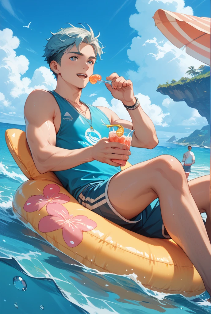 a man sitting on a beach chair, drinking soda, wearing red swimwear, frontal angle, detailed face, short hair, less muscle, photorealistic, 8k, hyperdetailed, natural lighting, warm color tone, beach landscape, ocean in the background, palm trees, sand
