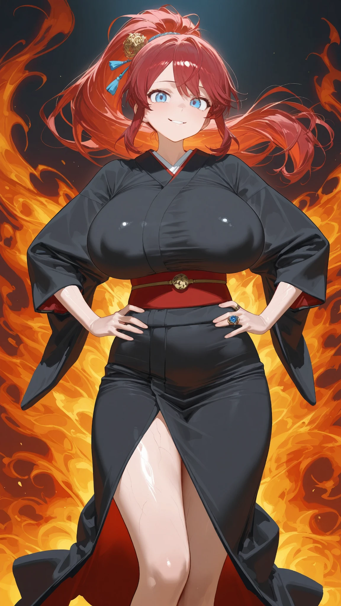 2heads, a short chubby woman with 2 heads. She has enormous breasts. She is angry. Her hands are on her hips. Her breasts are gigantic. She has messy red hair. She is wearing dark clothes. She is short. Her boobs are huge.