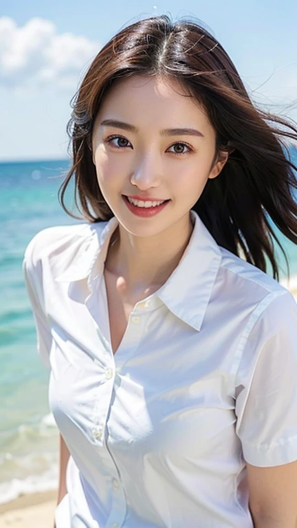 Tabletop、(Highest quality、4K、8K、High resolution、Masterpiece: 1.2)、Super detailed、(Real、Photorealistic、Photorealistic: 1.37)、Full Body Shot、Complex and beautiful eyes、woman、long hair、Natural color lip、whiteＴshirt、Bold and sexy pose、smile、Ocean、20 year old girl、A cute and sexy shot looking straight at the camera。