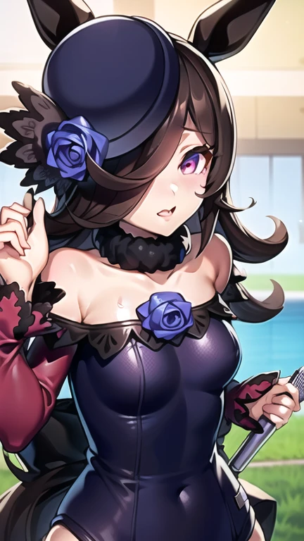 an anime young girl has long dark hair and her body is partially in shadow, 1girl, rice shower (umamusume), horse ears, solo, animal ears, swimsuit, hair over one eye, bikini, horse tail, horse girl, tail, long hair, navel, blush, hat, flower, outdoors, small breasts, breasts, collarbone, looking at viewer, side-tie bikini bottom, blue flower, black bikini,rice shower \(umamusume\)